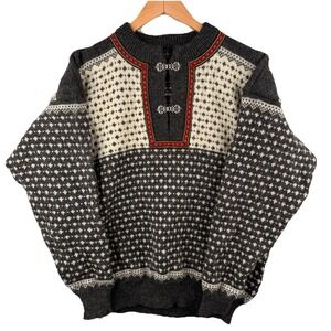 VTG Nordstrikk 100% Virgin Wool Sweater Gray Nordic Fair Isle Toggle Neck SZ-L